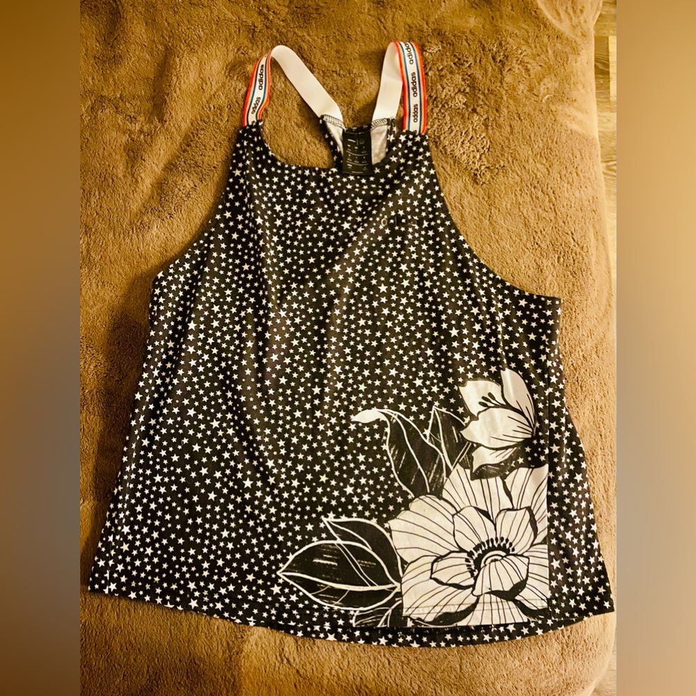 adidas Black and White Star Floral Muscle Tee